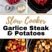 Four process photos to make steak and potatoes on pin with text overlay.