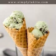 Close up view of ice cream cones in glass on pin with text overlay.