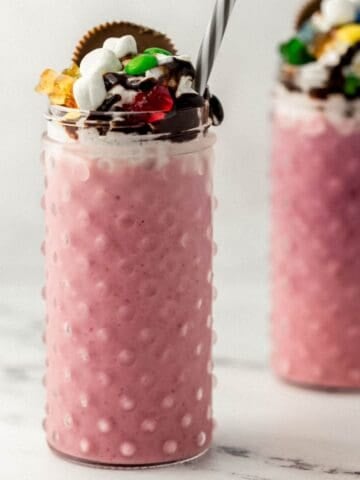 Close up side view of two finished shakes.