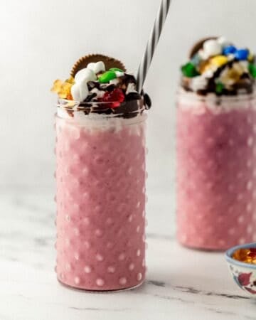 Close up side view of two finished shakes.