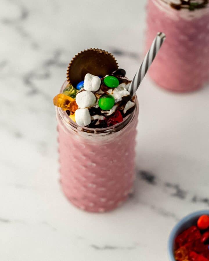 Close up view of finished milkshake.