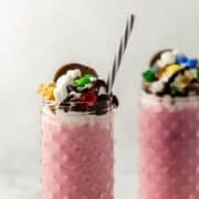 Close up side view of finished shakes in glass on pin with text overlay.